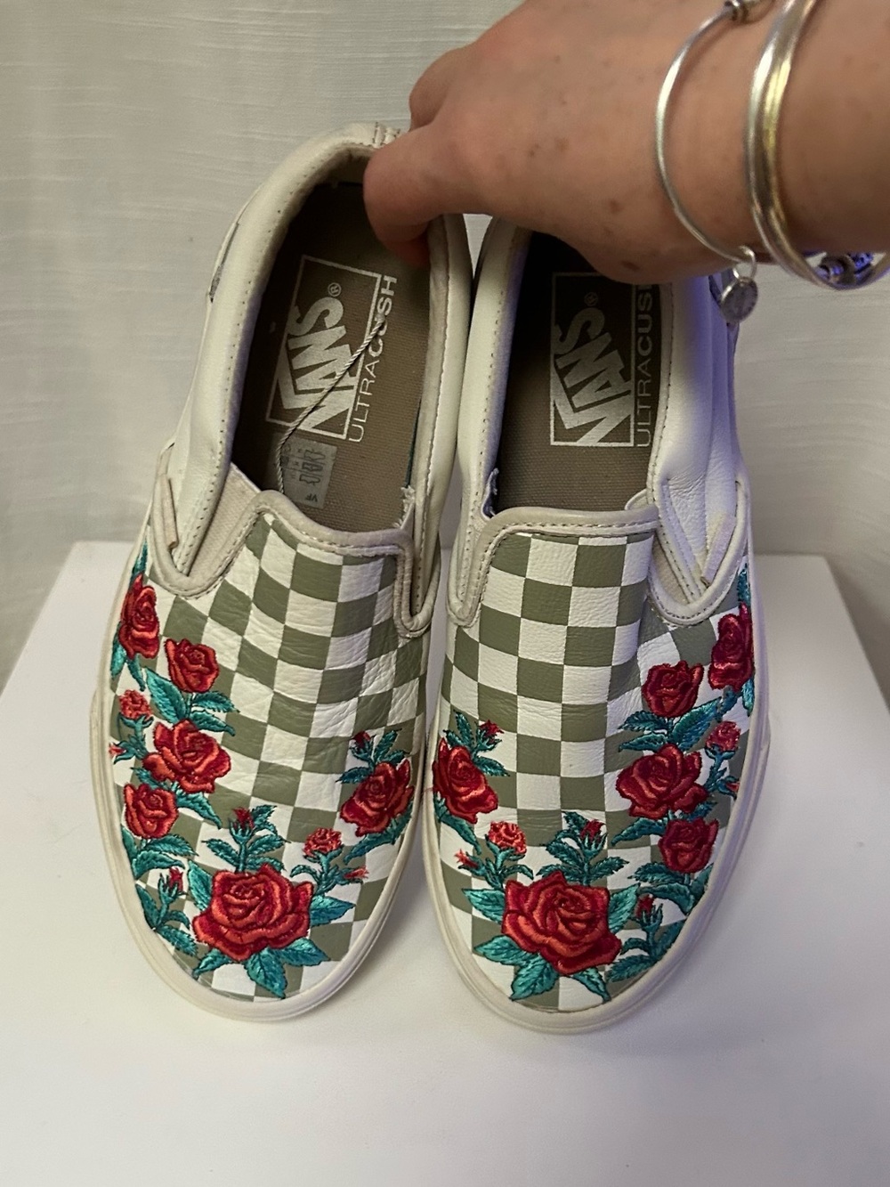 Vans Slip-On Checkerboard Leather Sneakers with Red Rose Embroidery- White/Green